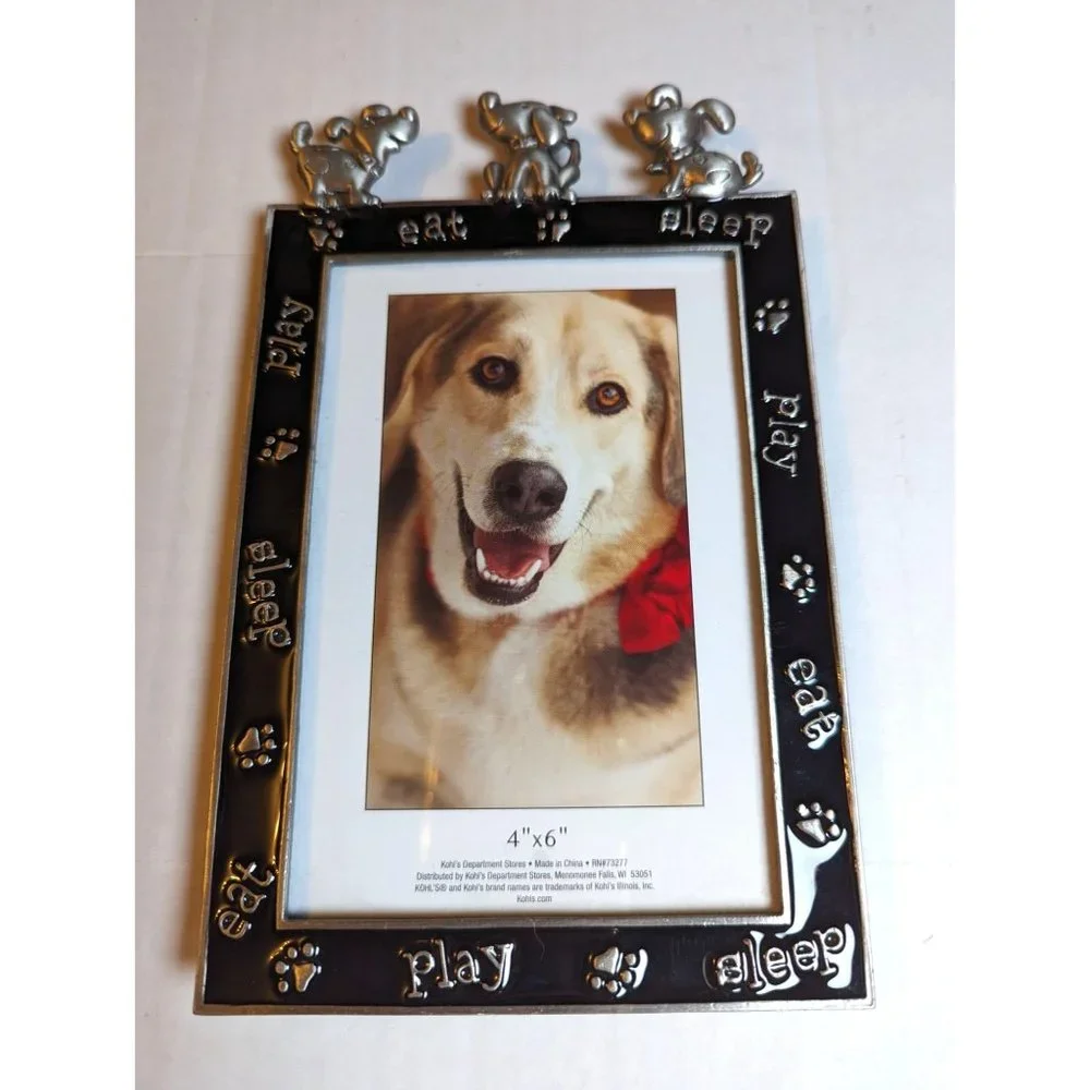 Pewter & black enamel 2D cartoon dog toper 4x6 photo size frame vertical Kohls‎